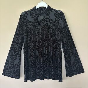 Black Velvet Burnout Bell Sleeve Top Women XL Sheer Mock Neck Whimsigoth Art Nou